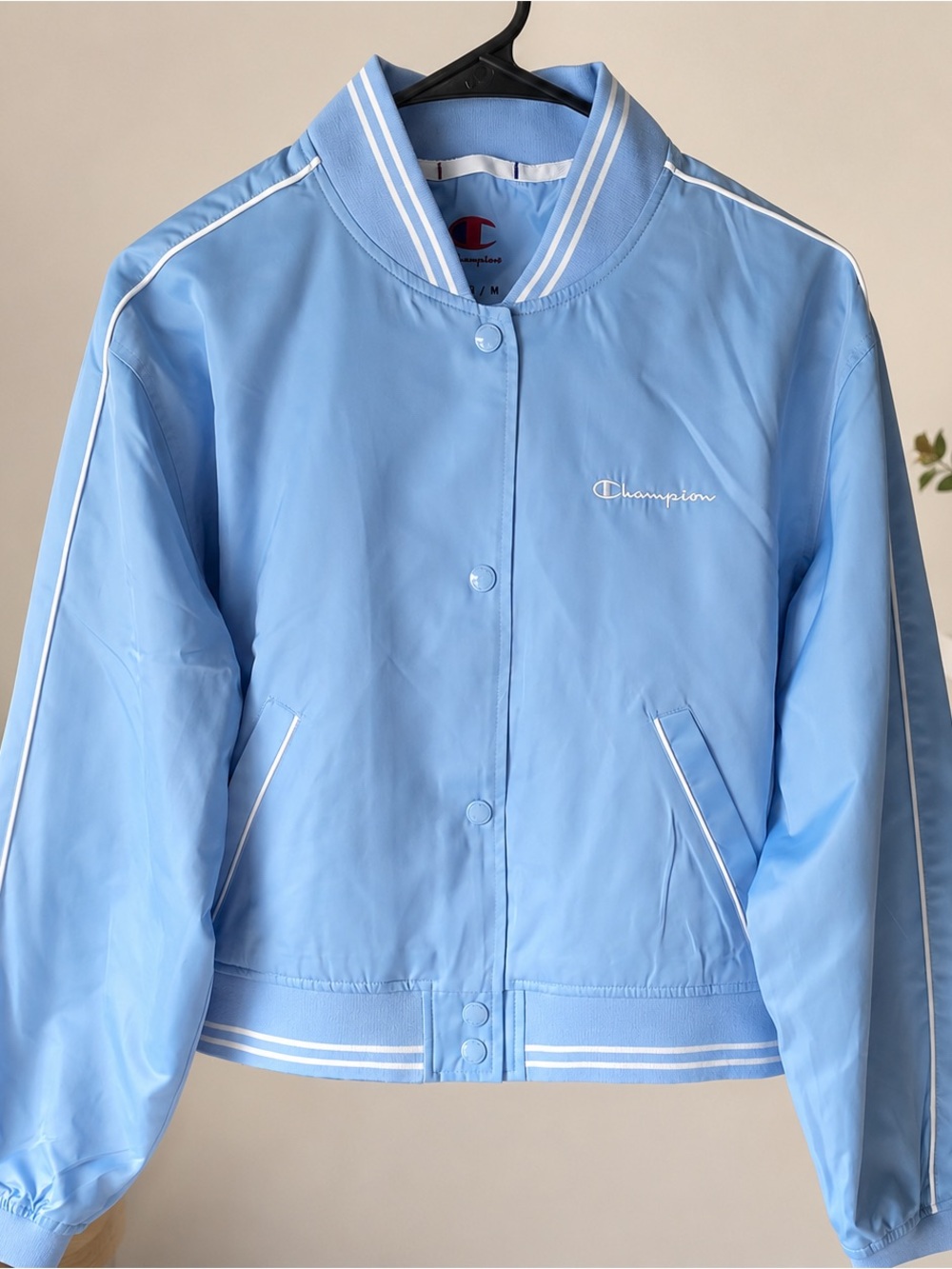 Champion Satin Bomber Jacket in Light Blue with White Trim